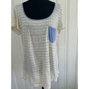 LL Bean Signature Womens Large Linen Striped Short Sleeve Pocket Tee Yellow Blue